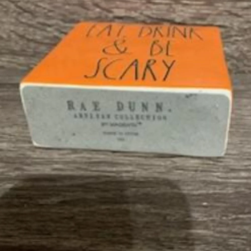 Rae Dunn Eat Drink and Be Scary Paperweight Orange Pottery Halloween Square Sign